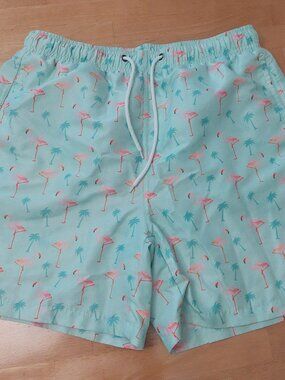 SHEIN Men's Flamingo/ Palm Tree Swim Trunks Mint Blue/ Green Size Medium